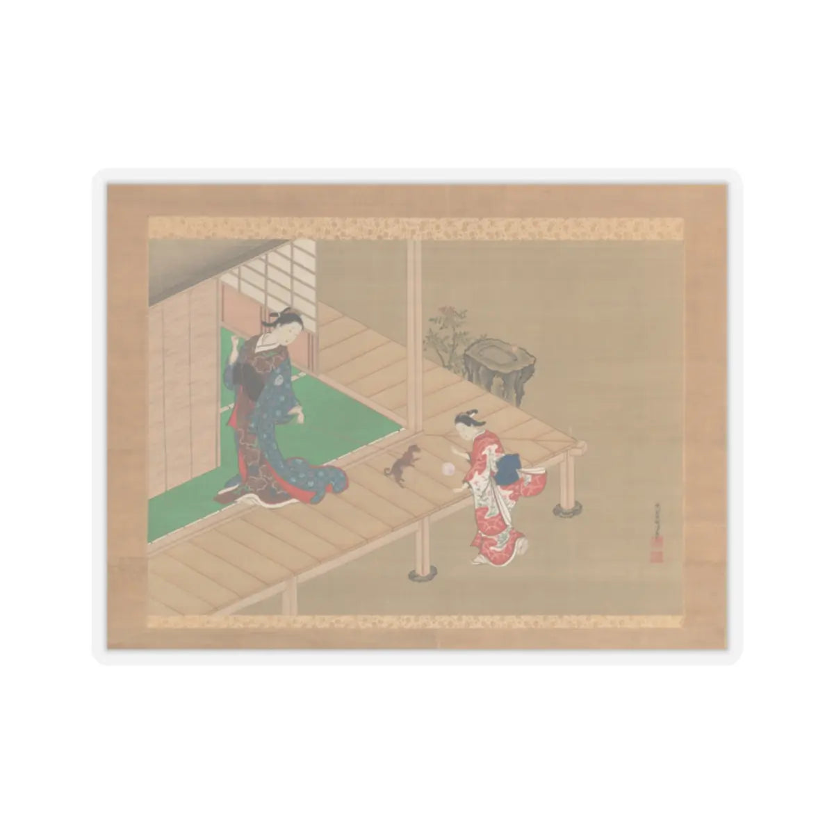 Nishikawa Sukenobu - Courtesan and Attendant Playing with a Dog - ca. 1716–1736 v1 - STICKER Vinyl Kiss-Cut Decal