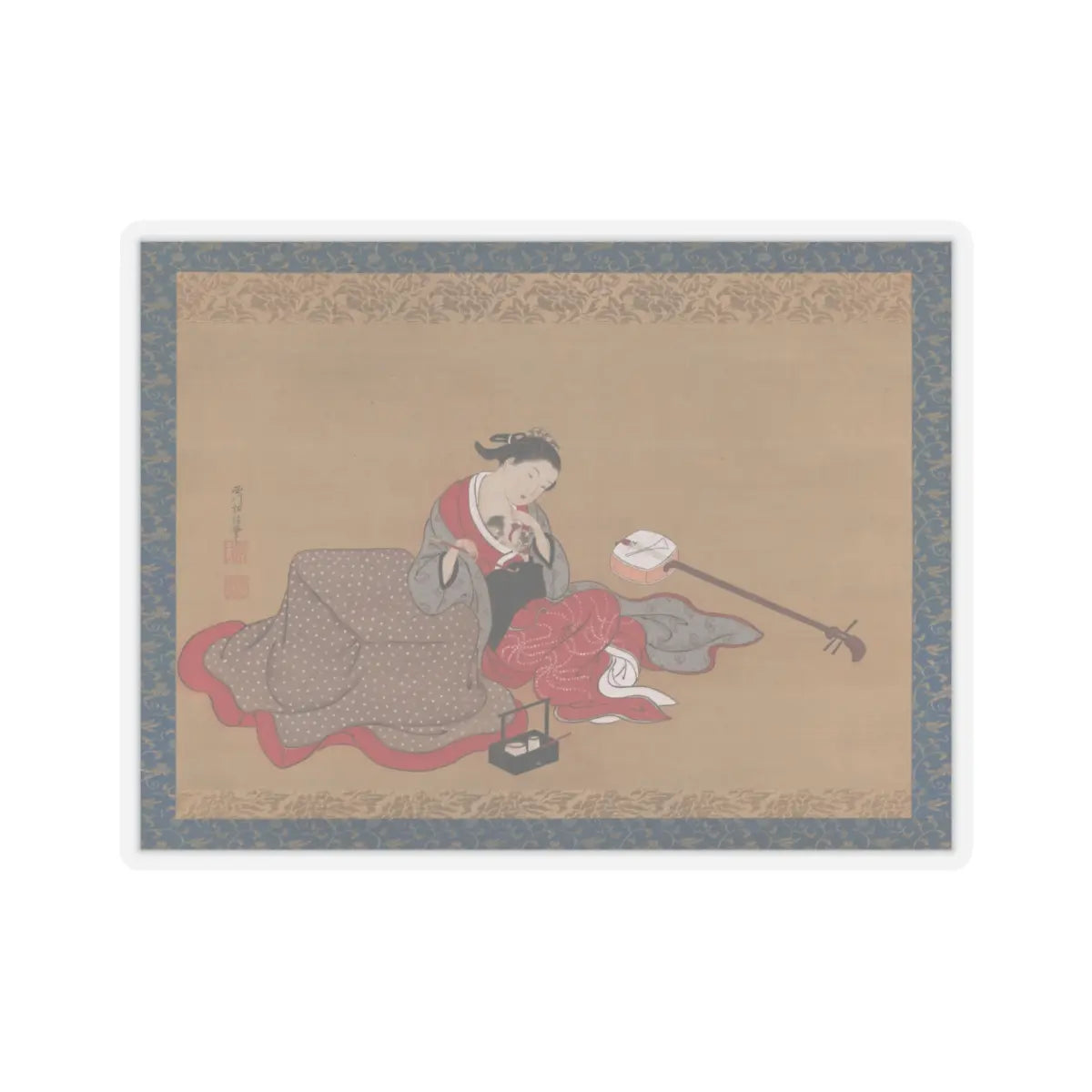 Nishikawa Sukenobu 西川祐信 - Courtesan with a Kitten - early 18th century v1 - STICKER Vinyl Kiss-Cut Decal