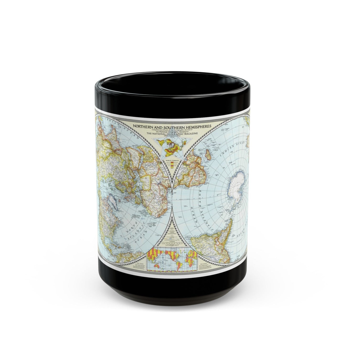 Northern and Southern Hemispheres (1943) (Map) Black Coffee Mug-15oz-The Sticker Space