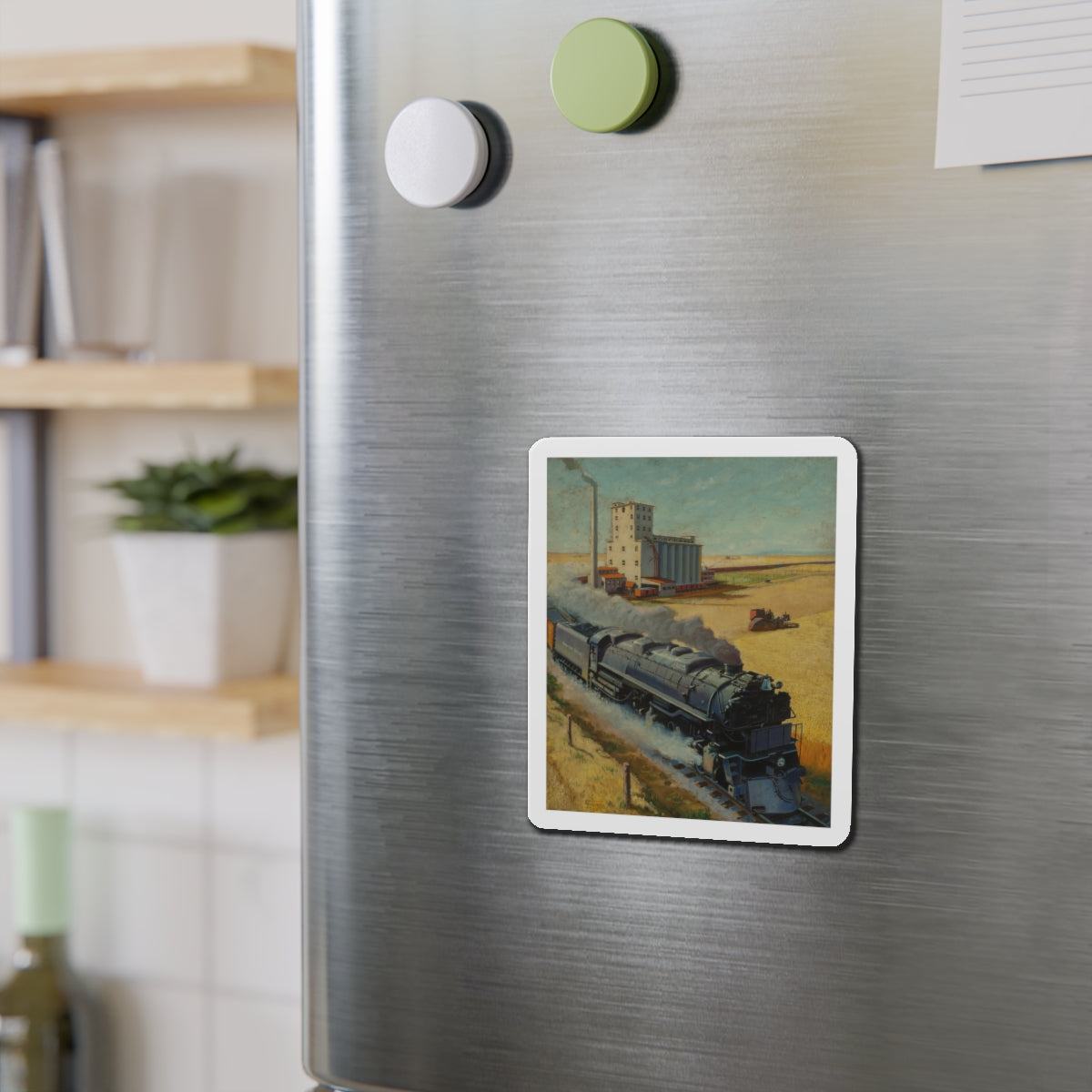 Northern Pacific at Grain Silo (Magazine Illustration) Refrigerator Magnet-The Sticker Space