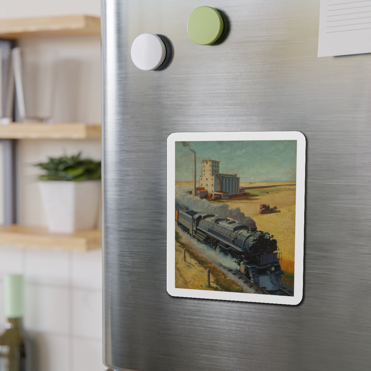 Northern Pacific at Grain Silo (Magazine Illustration) Refrigerator Magnet-The Sticker Space