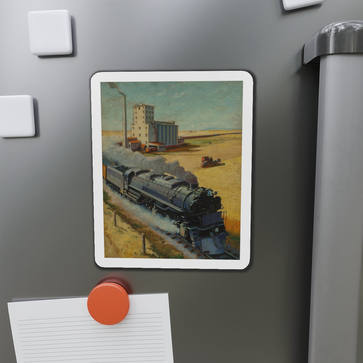 Northern Pacific at Grain Silo (Magazine Illustration) Refrigerator Magnet-The Sticker Space