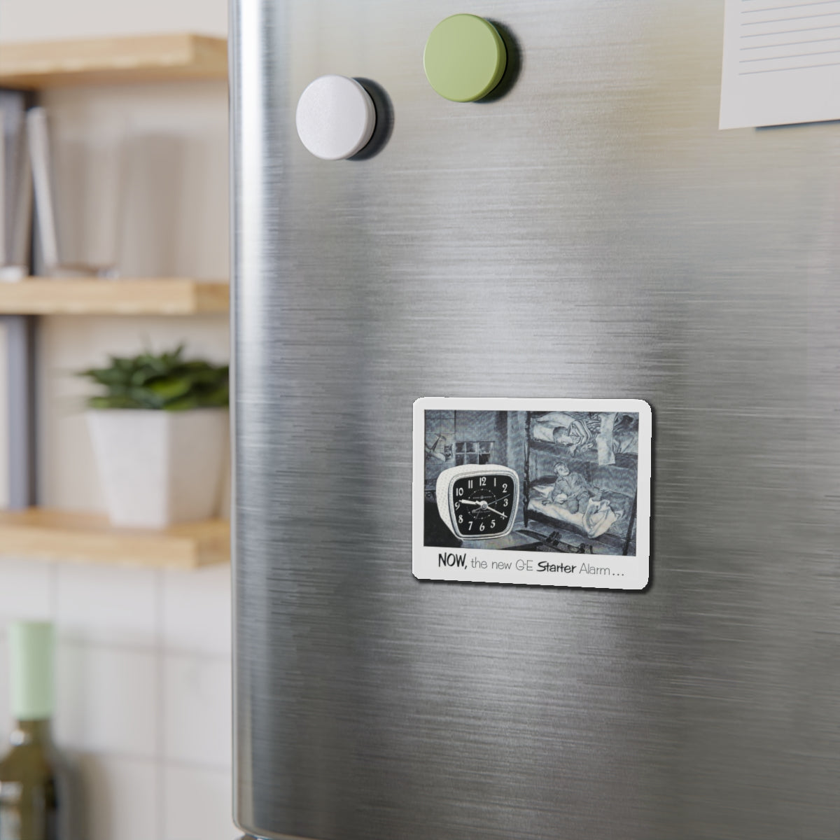 Now, the new G-E Starter Alarm (Magazine Illustration) Refrigerator Magnet-The Sticker Space