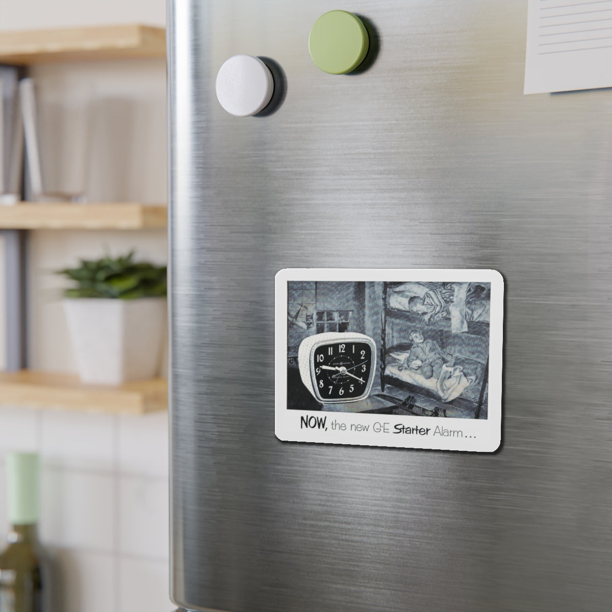 Now, the new G-E Starter Alarm (Magazine Illustration) Refrigerator Magnet-The Sticker Space