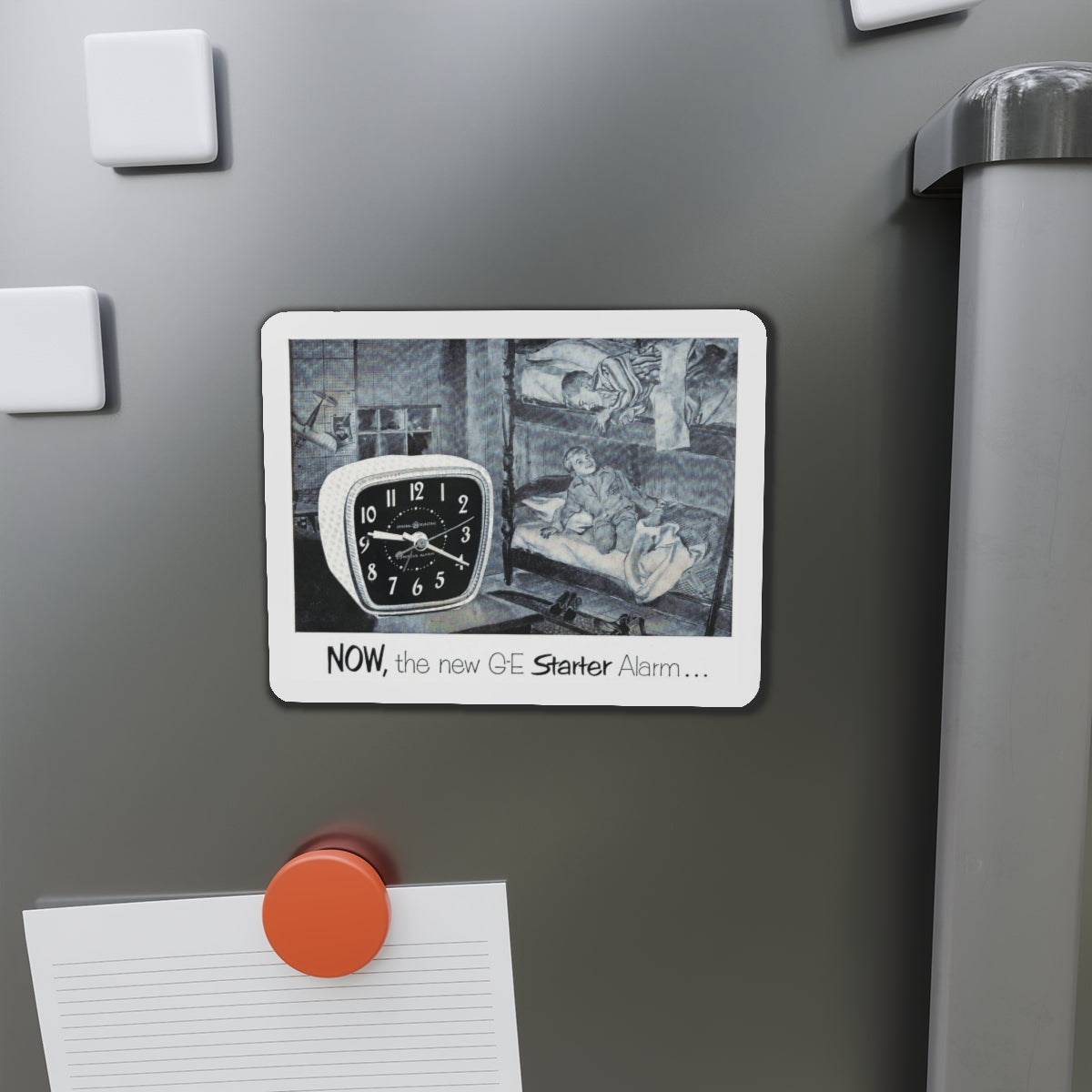 Now, the new G-E Starter Alarm (Magazine Illustration) Refrigerator Magnet-The Sticker Space