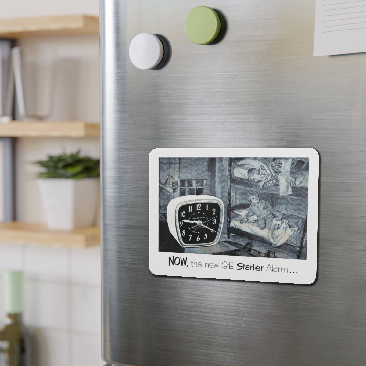 Now, the new G-E Starter Alarm (Magazine Illustration) Refrigerator Magnet-The Sticker Space