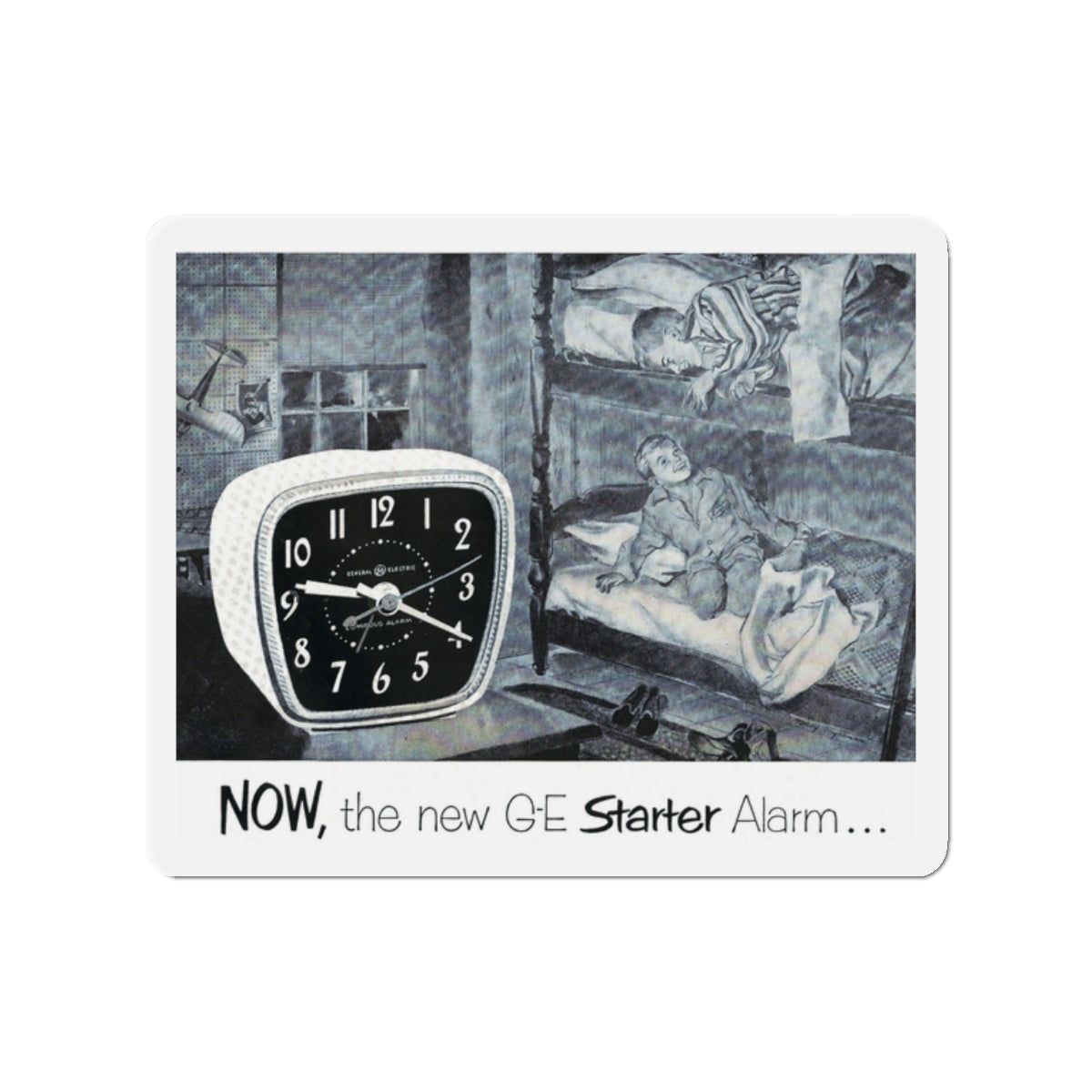 Now, the new G-E Starter Alarm (Magazine Illustration) Refrigerator Magnet-2" x 2"-The Sticker Space