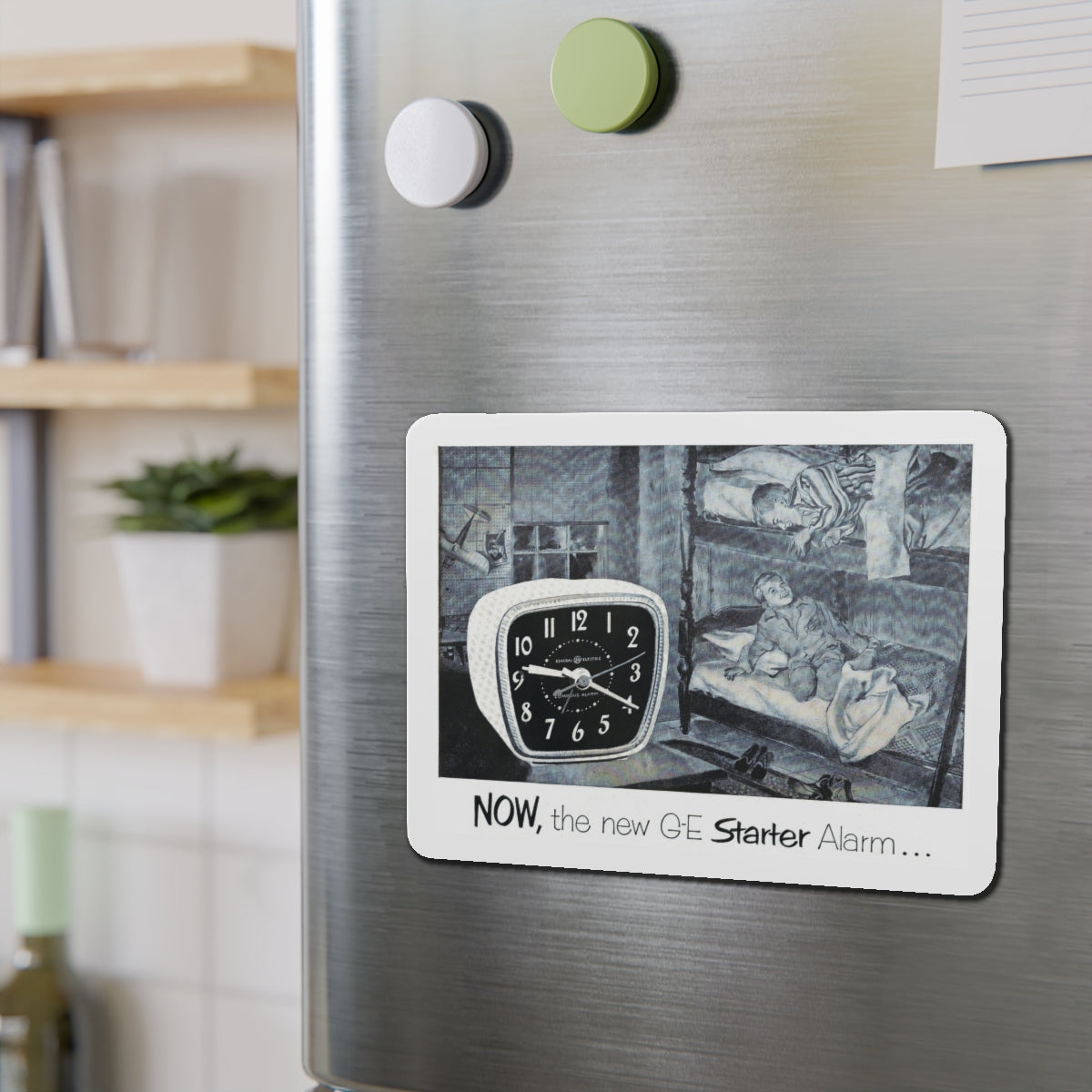 Now, the new G-E Starter Alarm (Magazine Illustration) Refrigerator Magnet-The Sticker Space