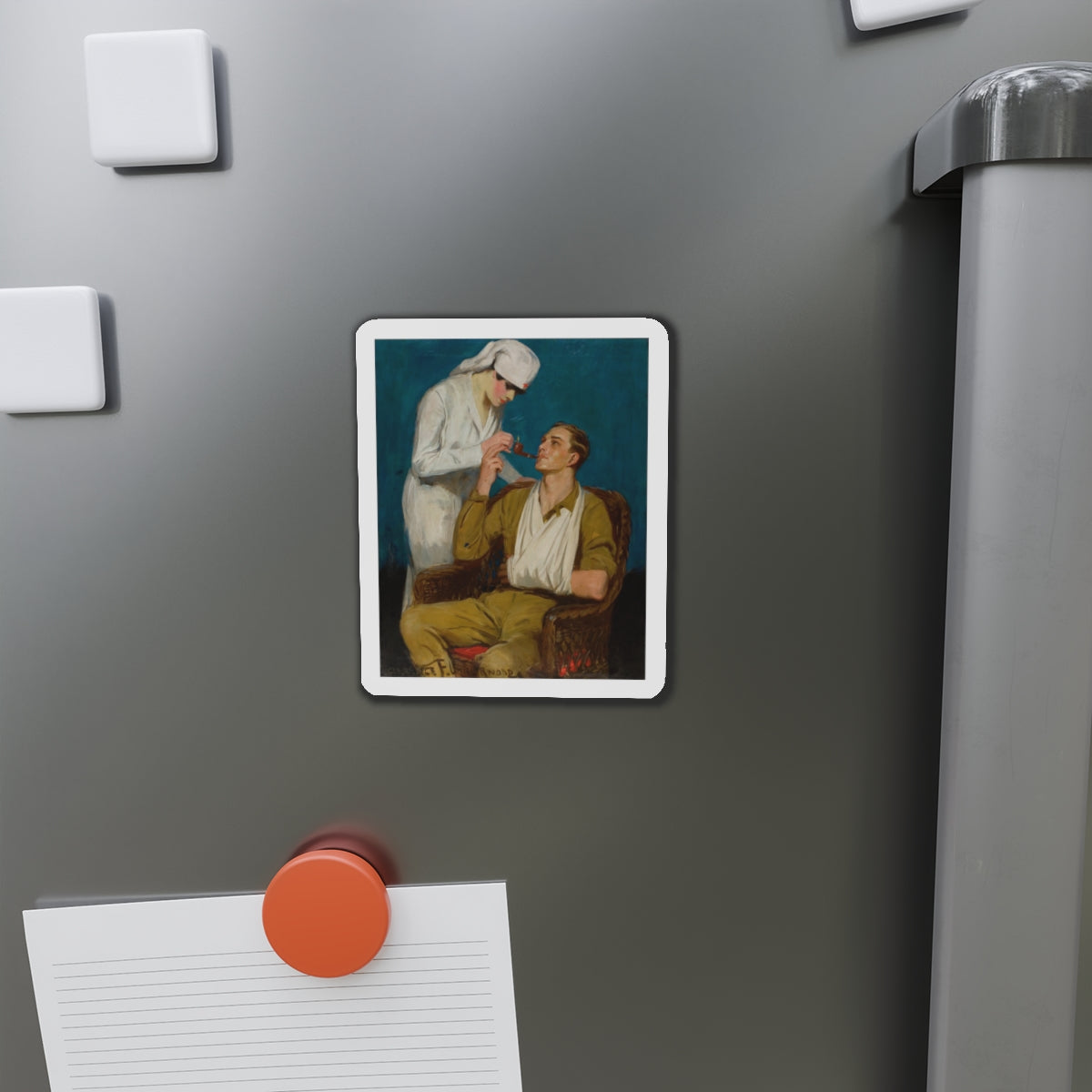 Nurse Lighting a Pipe (Magazine Illustration) Refrigerator Magnet-The Sticker Space