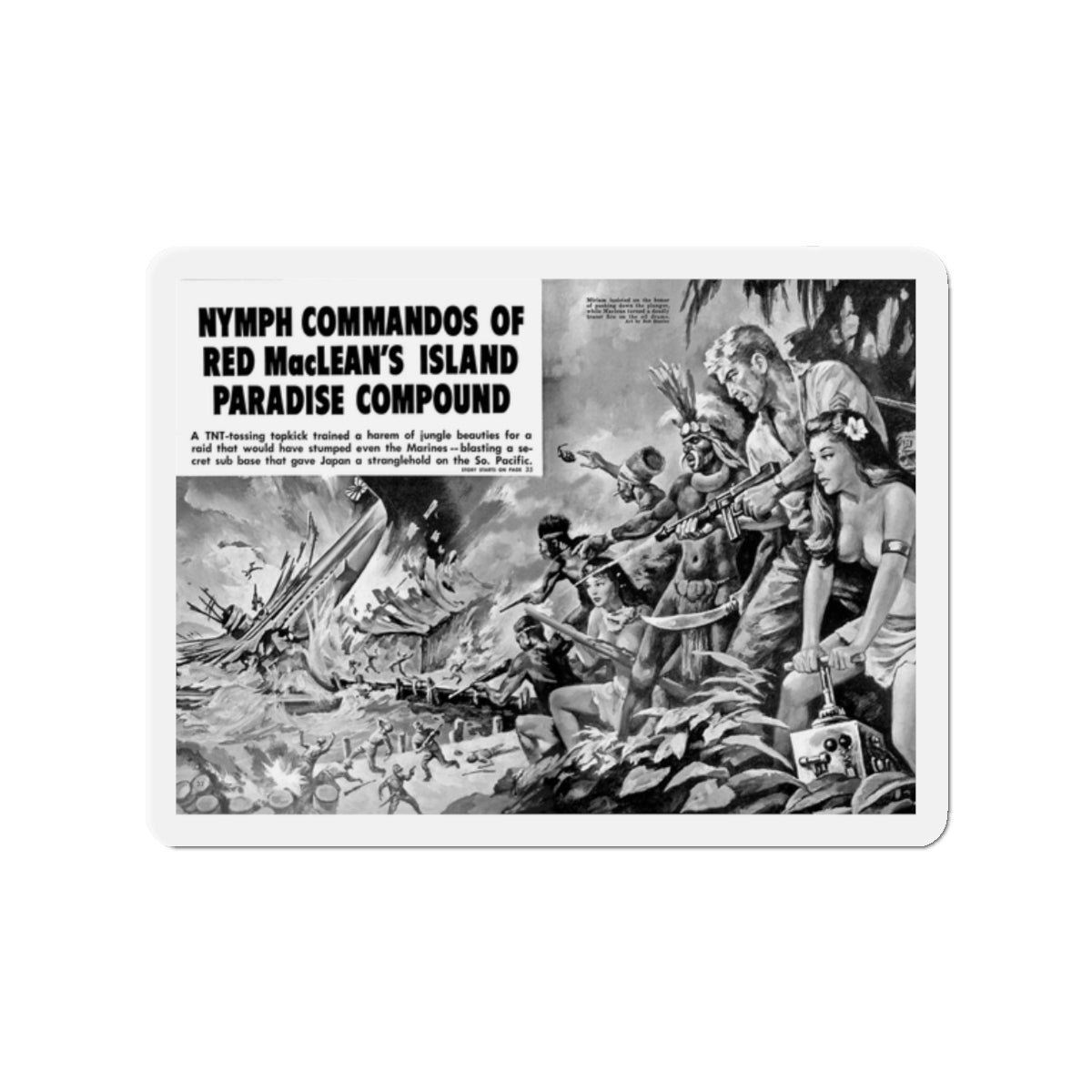 Nymph Commandos Of Red MacLean's Island Paradise Compound, Action For Men, May 1966 (Magazine Illustration) Refrigerator Magnet-2" x 2"-The Sticker Space