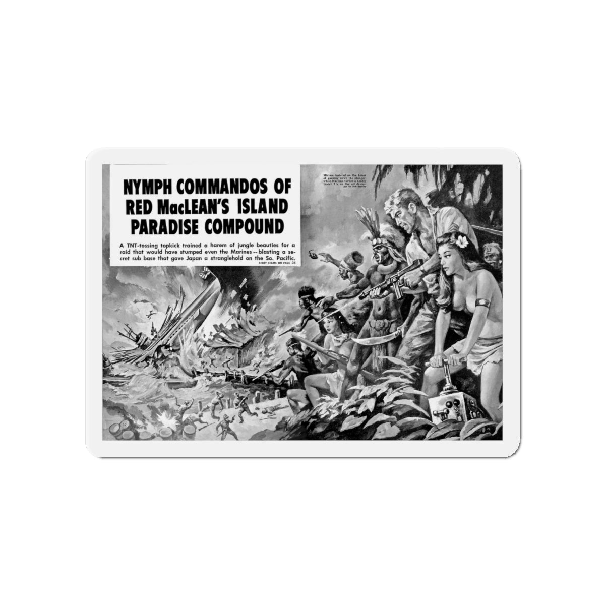 Nymph Commandos Of Red MacLean's Island Paradise Compound, Action For Men, May 1966 (Magazine Illustration) Refrigerator Magnet-4" x 4"-The Sticker Space