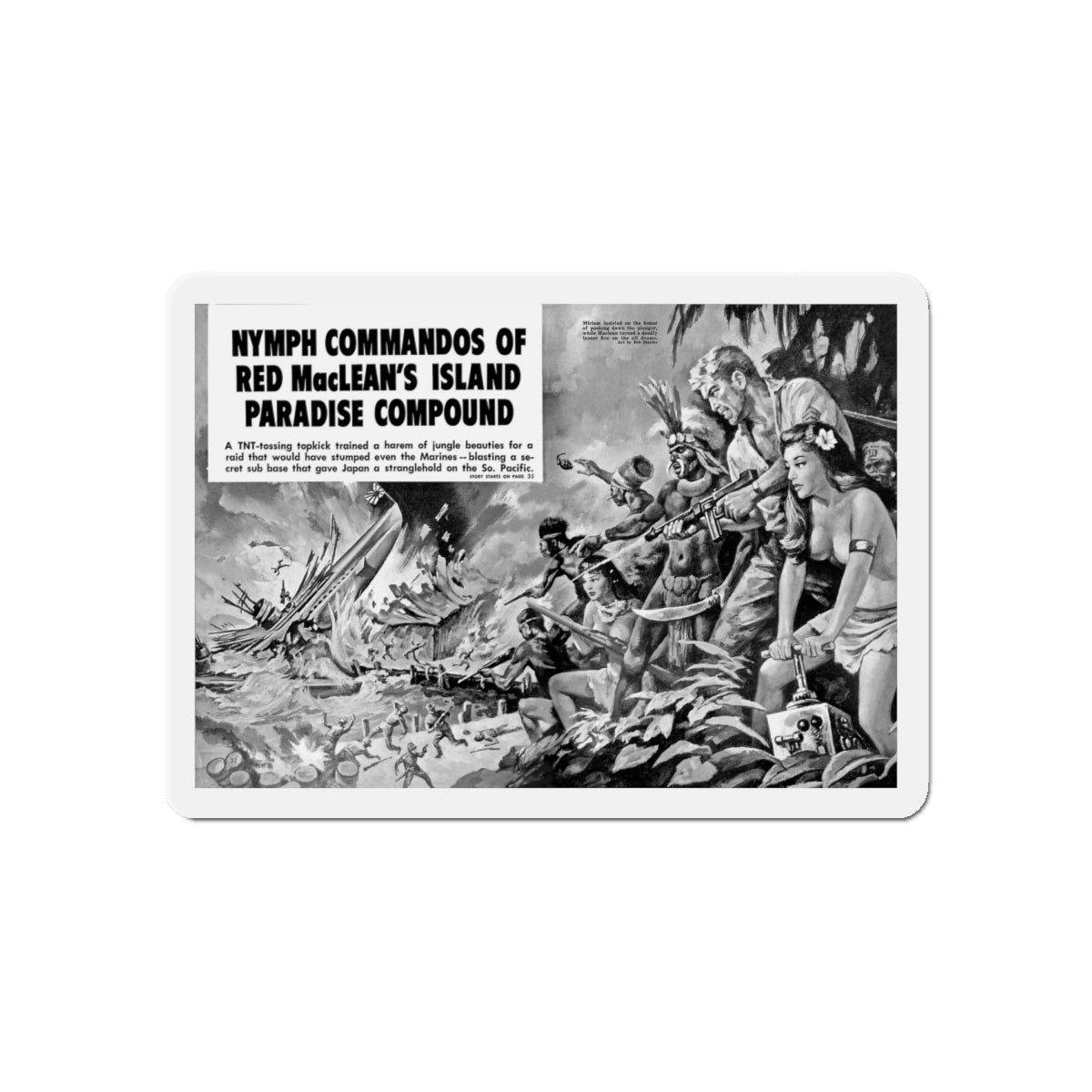 Nymph Commandos Of Red MacLean's Island Paradise Compound, Action For Men, May 1966 (Magazine Illustration) Refrigerator Magnet-6 × 6"-The Sticker Space