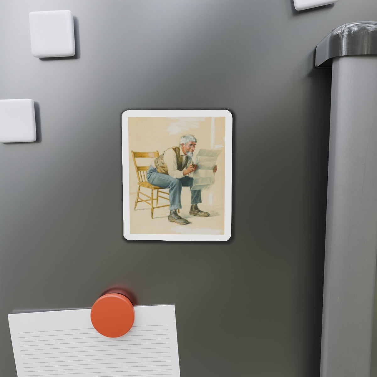 Old Man Reading a Newspaper (Magazine Illustration) Refrigerator Magnet-The Sticker Space