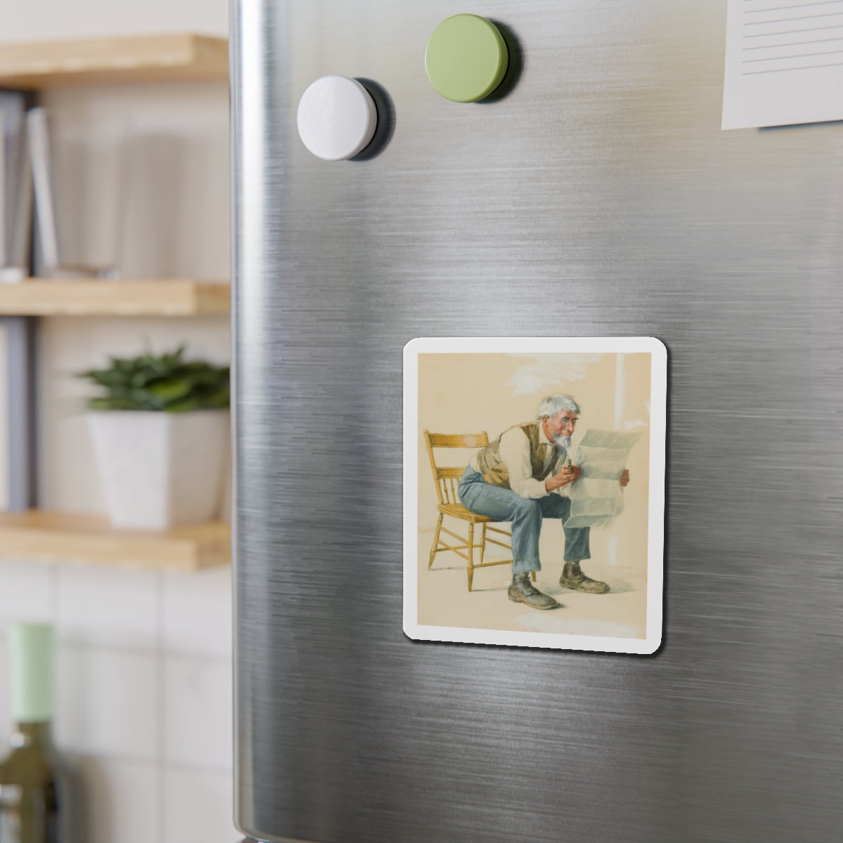 Old Man Reading a Newspaper (Magazine Illustration) Refrigerator Magnet-The Sticker Space