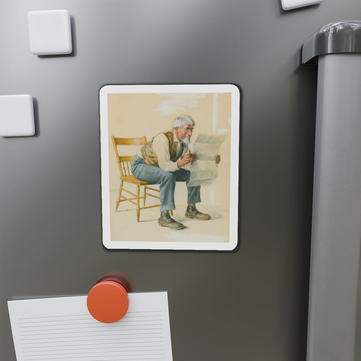 Old Man Reading a Newspaper (Magazine Illustration) Refrigerator Magnet-The Sticker Space