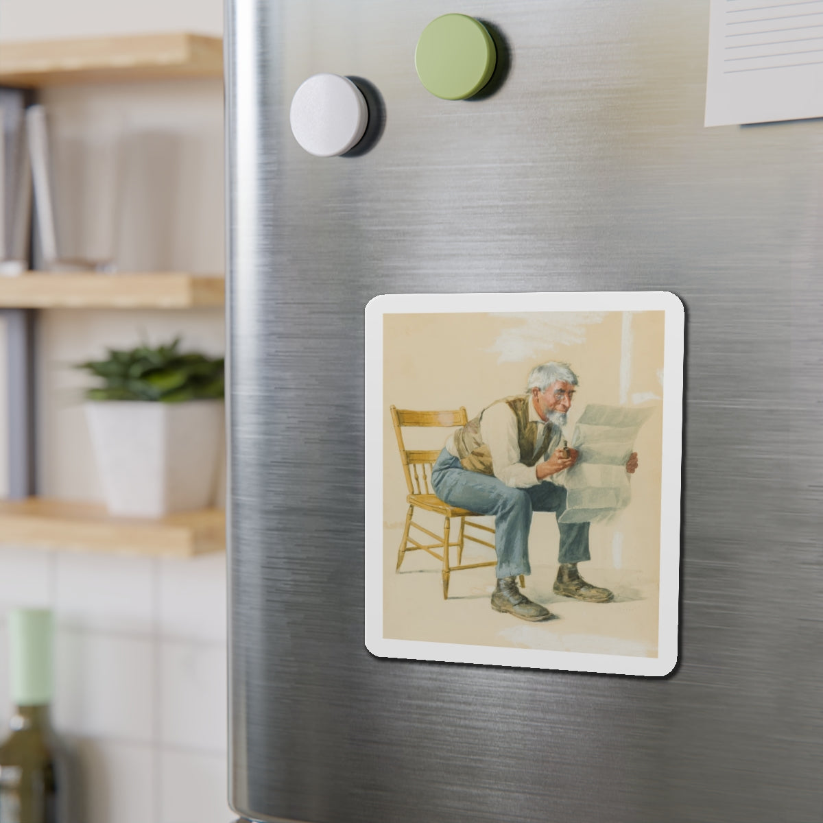 Old Man Reading a Newspaper (Magazine Illustration) Refrigerator Magnet-The Sticker Space