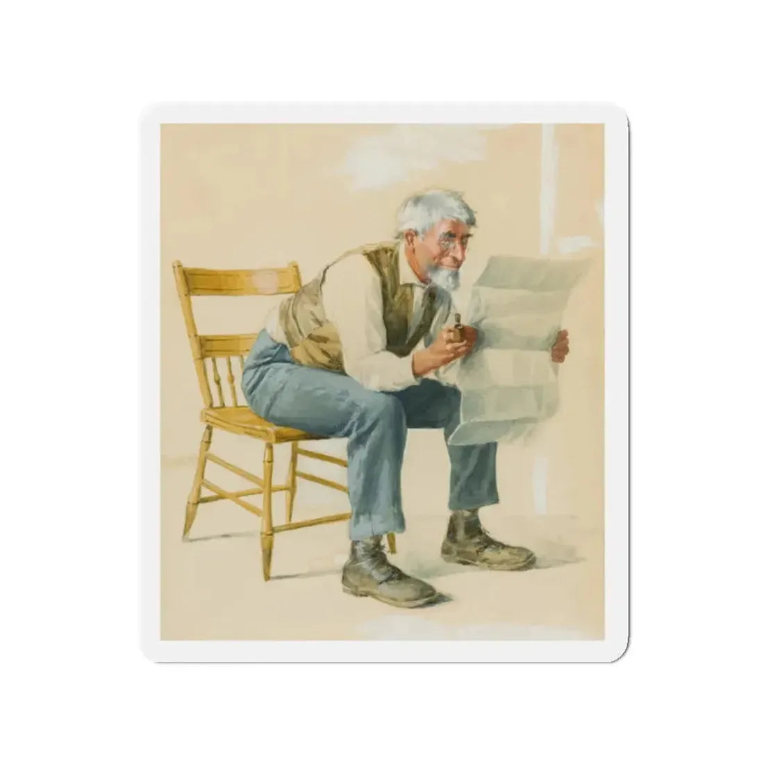 Old Man Reading a Newspaper (Magazine Illustration) Refrigerator Magnet 2 Inch - The Sticker Space