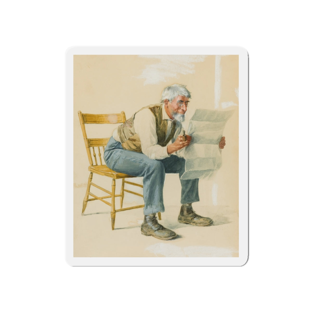 Old Man Reading a Newspaper (Magazine Illustration) Refrigerator Magnet-5" x 5"-The Sticker Space