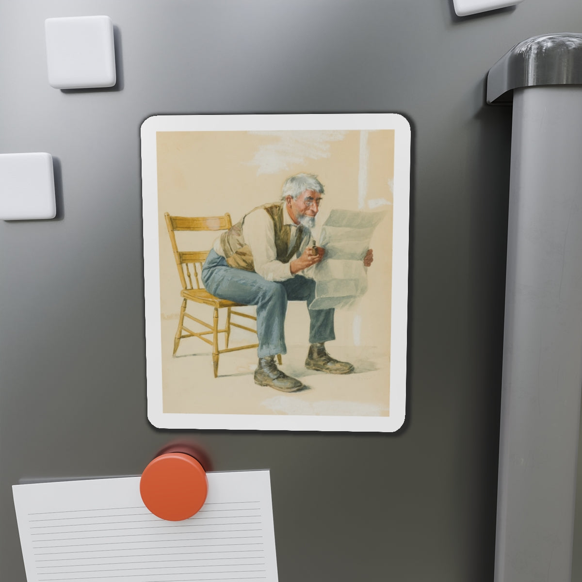 Old Man Reading a Newspaper (Magazine Illustration) Refrigerator Magnet-The Sticker Space