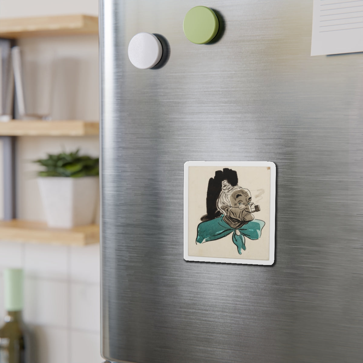 Old Woman with Pipe Illustration (Magazine Illustration) Refrigerator Magnet-The Sticker Space