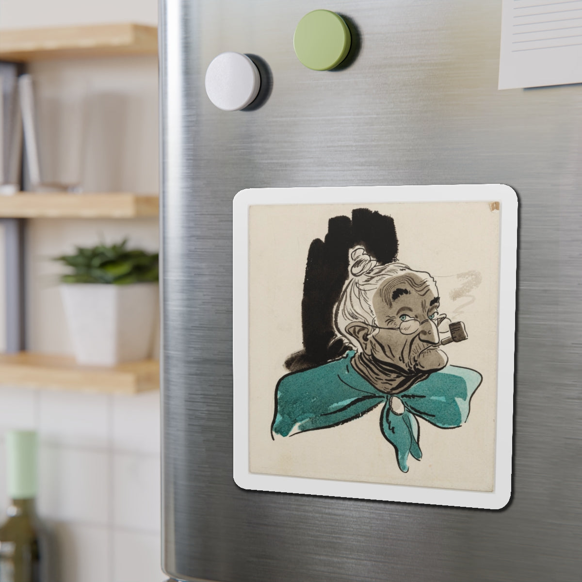 Old Woman with Pipe Illustration (Magazine Illustration) Refrigerator Magnet-The Sticker Space