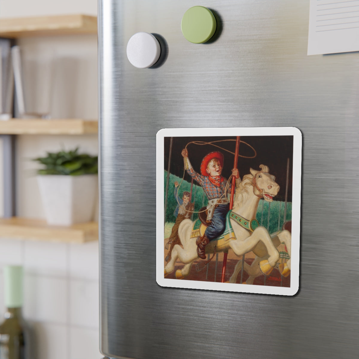 On the Merry-Go-Round, calendar illustration (Magazine Illustration) Refrigerator Magnet-The Sticker Space