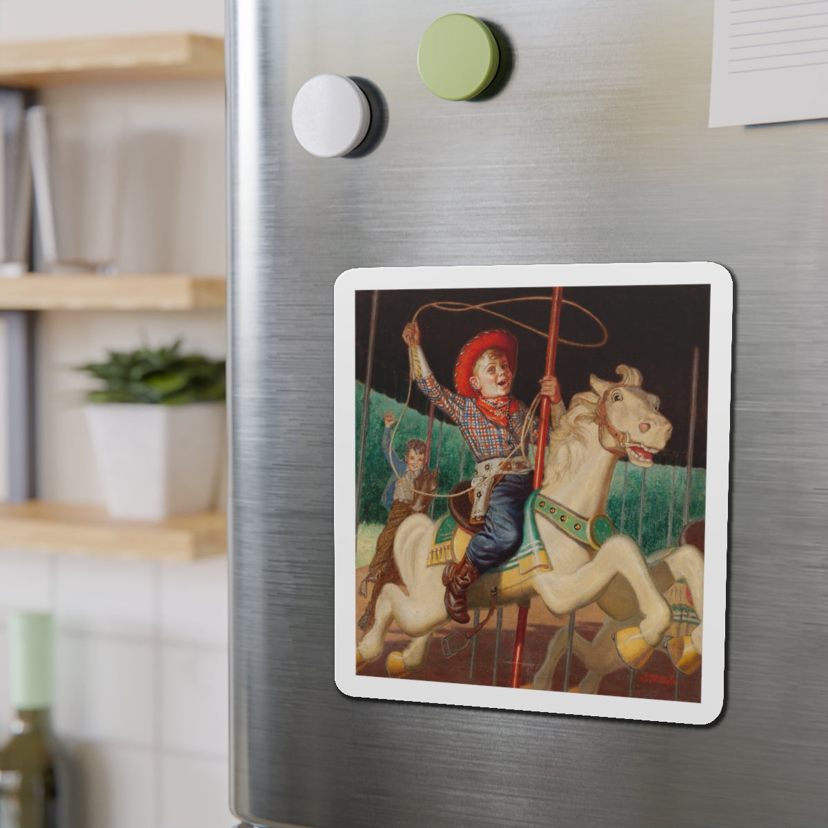 On the Merry-Go-Round, calendar illustration (Magazine Illustration) Refrigerator Magnet-The Sticker Space