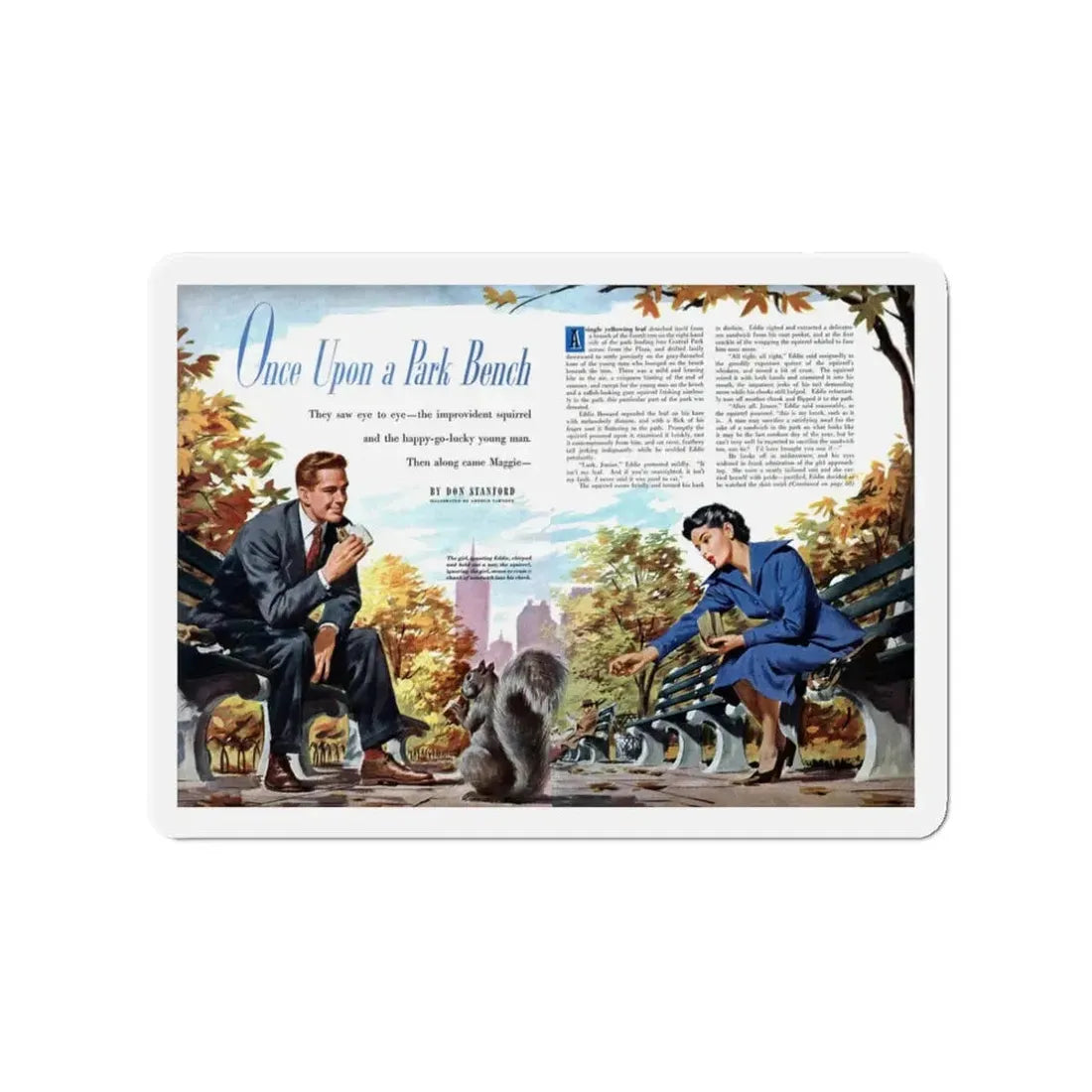 Once Upon a Park Bench, Redbook, September 1950 (Magazine Illustration) Refrigerator Magnet 3 Inch - The Sticker Space