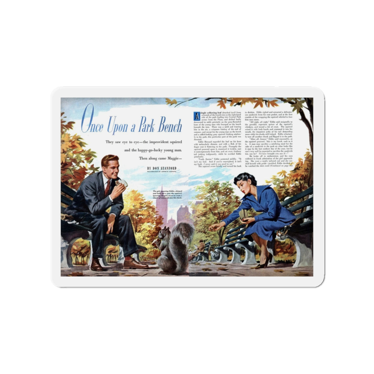 Once Upon a Park Bench, Redbook, September 1950 (Magazine Illustration) Refrigerator Magnet-3" x 3"-The Sticker Space