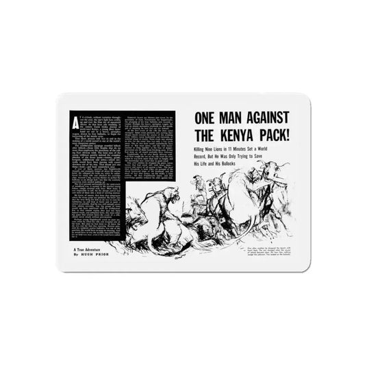 One Man Against The Kenya Pack, Stag magazine, 1960's (Magazine Illustration) Refrigerator Magnet 6 Inch - The Sticker Space