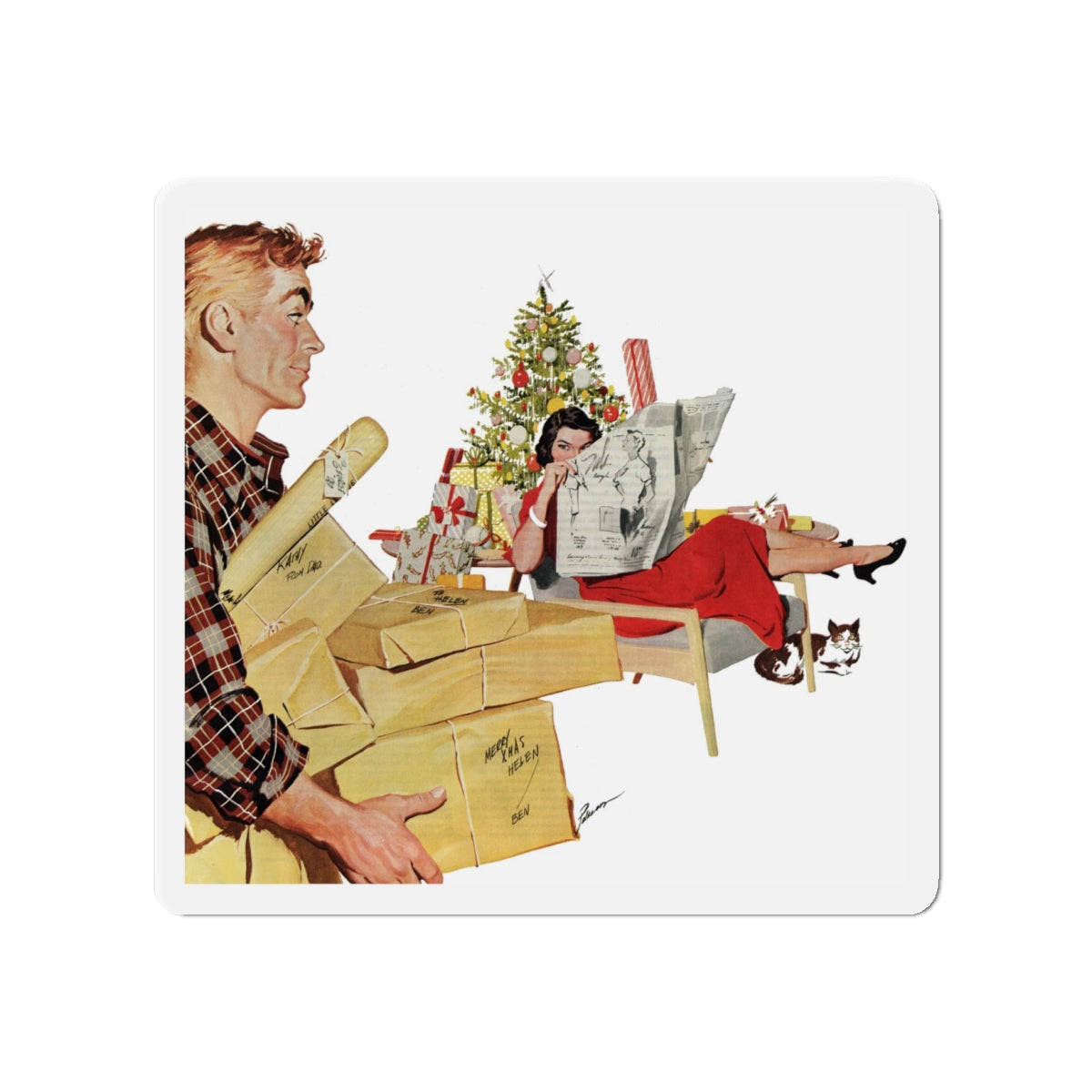 Open Before Christmas, Women's Home Companion, December 1956 (Magazine Illustration) Refrigerator Magnet-4" x 4"-The Sticker Space