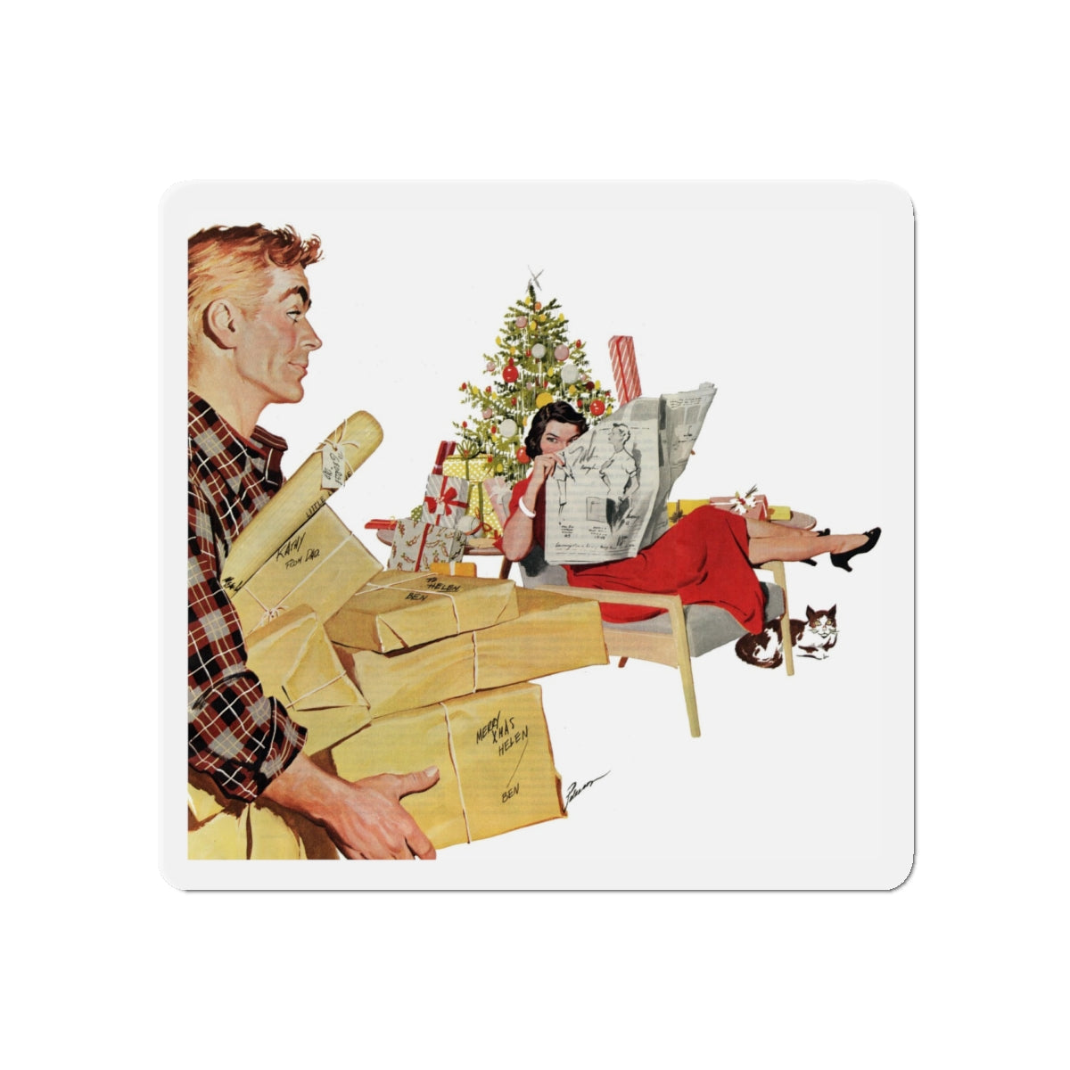 Open Before Christmas, Women's Home Companion, December 1956 (Magazine Illustration) Refrigerator Magnet-5" x 5"-The Sticker Space