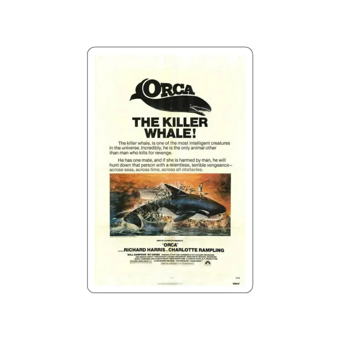 ORCA-THE KILLER WHALE 1977 Movie Poster STICKER Vinyl Die-Cut Decal 5 Inch - The Sticker Space
