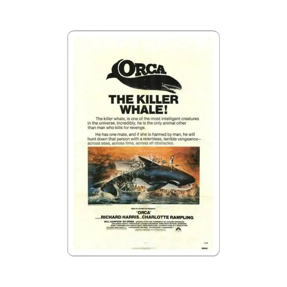ORCA-THE KILLER WHALE 1977 Movie Poster - STICKER Vinyl Kiss-Cut Decal 3 Inch White - The Sticker Space