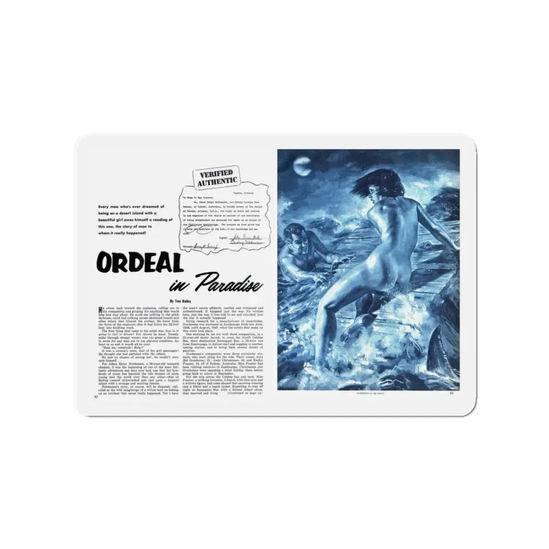 Ordeal in Paradise, Bluebook for Men, February 1961 (Magazine Illustration) Refrigerator Magnet 3 Inch - The Sticker Space