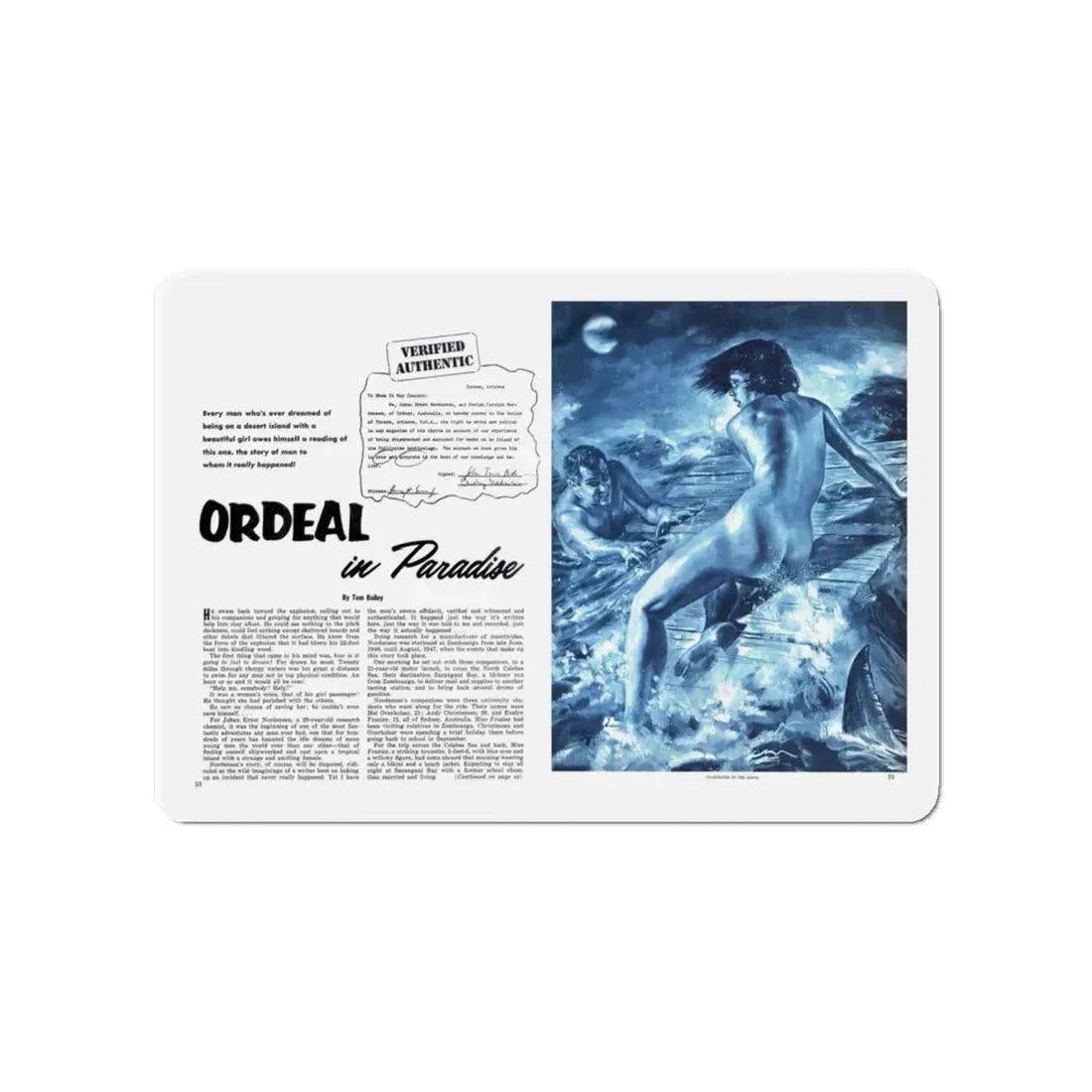 Ordeal in Paradise, Bluebook for Men, February 1961 (Magazine Illustration) Refrigerator Magnet 4 Inch - The Sticker Space