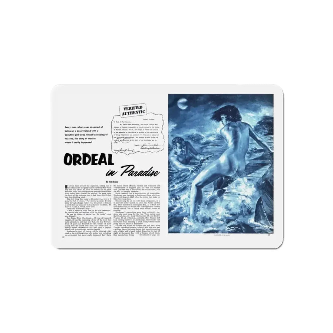 Ordeal in Paradise, Bluebook for Men, February 1961 (Magazine Illustration) Refrigerator Magnet 6 Inch - The Sticker Space