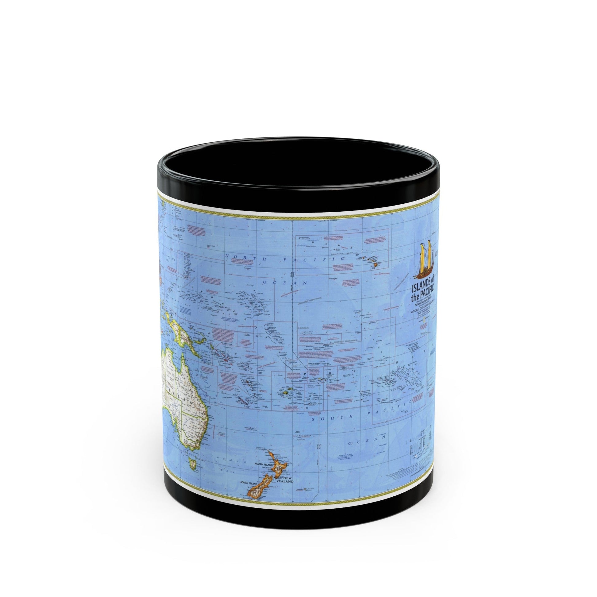 Pacific - Islands of the (1974) (Map) Black Coffee Mug-11oz-The Sticker Space