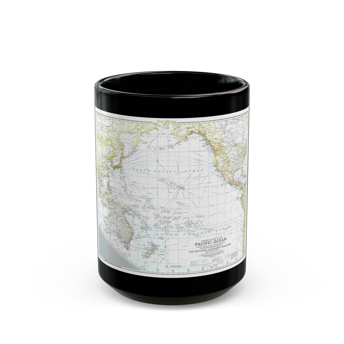 Pacific Ocean - Theater of War (1942) (Map) Black Coffee Mug-15oz-The Sticker Space