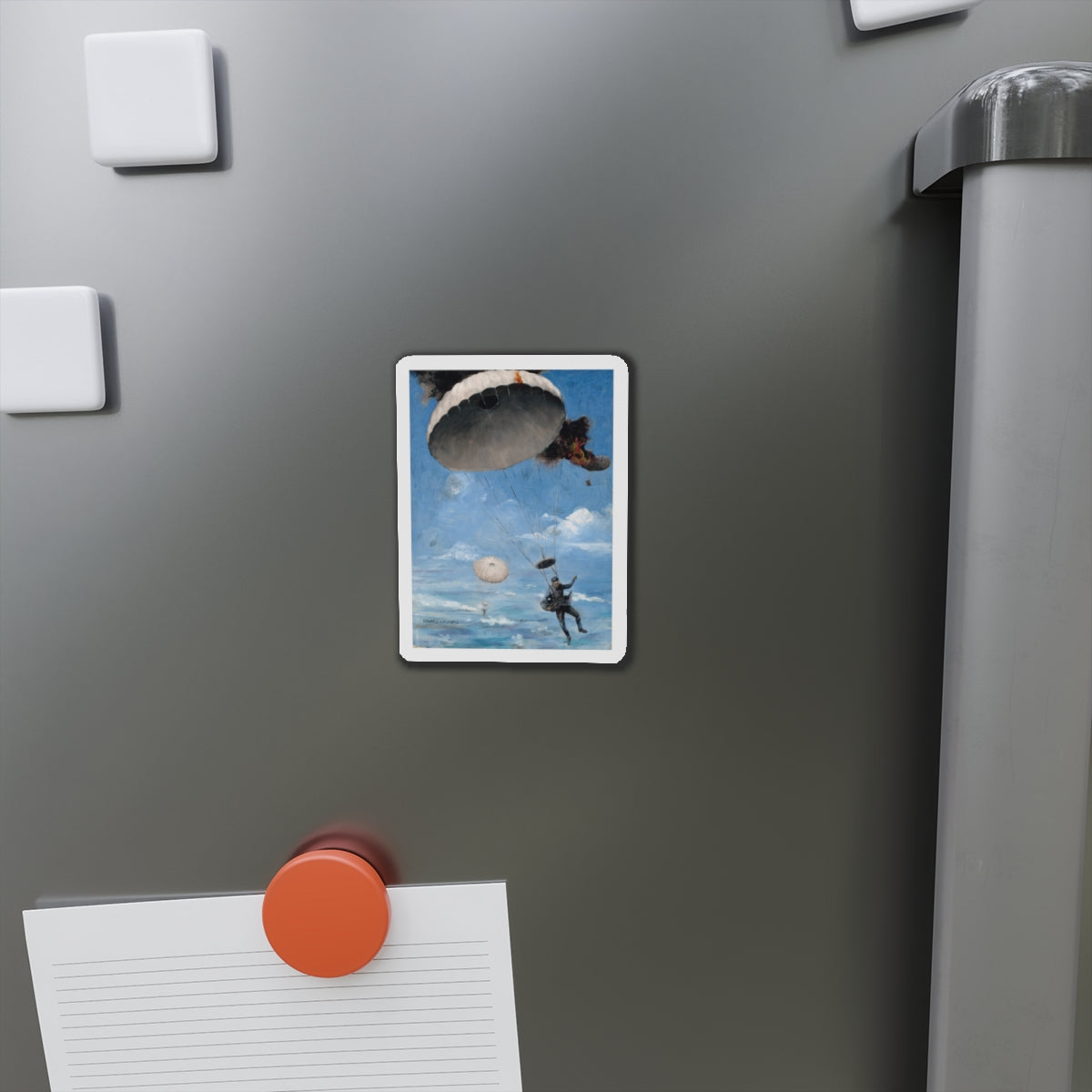 Parachuting to Safety, The Saturday Evening Post story illustration (Magazine Illustration) Refrigerator Magnet-The Sticker Space