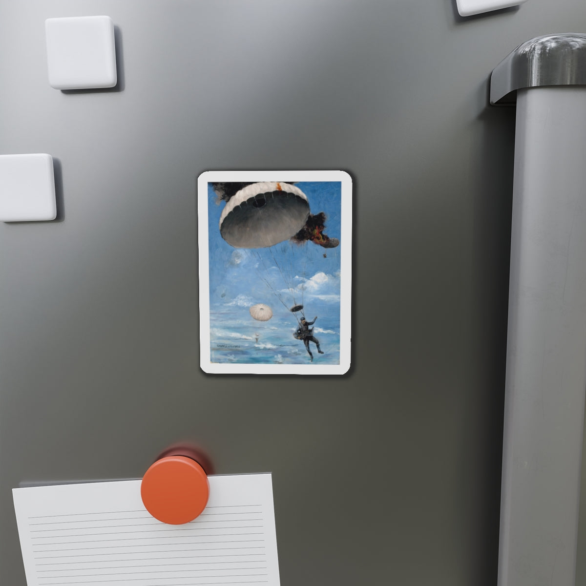 Parachuting to Safety, The Saturday Evening Post story illustration (Magazine Illustration) Refrigerator Magnet-The Sticker Space