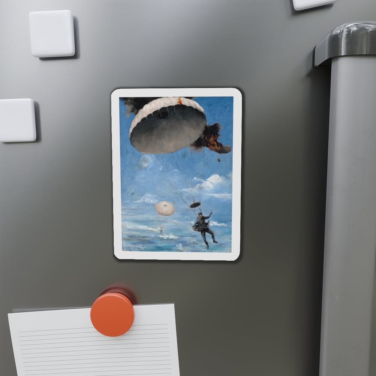 Parachuting to Safety, The Saturday Evening Post story illustration (Magazine Illustration) Refrigerator Magnet-The Sticker Space