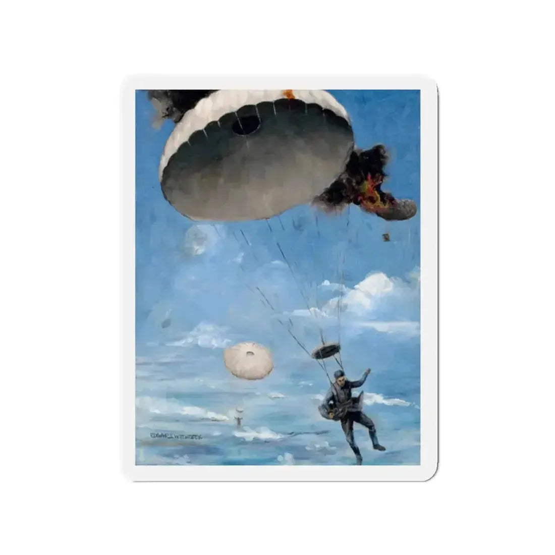 Parachuting to Safety, The Saturday Evening Post story illustration (Magazine Illustration) Refrigerator Magnet 2 Inch Die-Cut - The Sticker Space