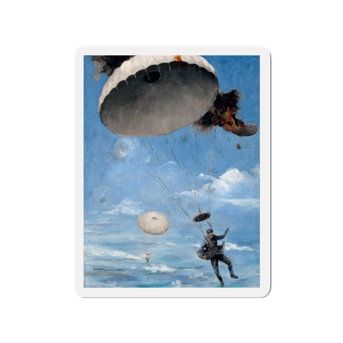 Parachuting to Safety, The Saturday Evening Post story illustration (Magazine Illustration) Refrigerator Magnet-2" x 2"-The Sticker Space