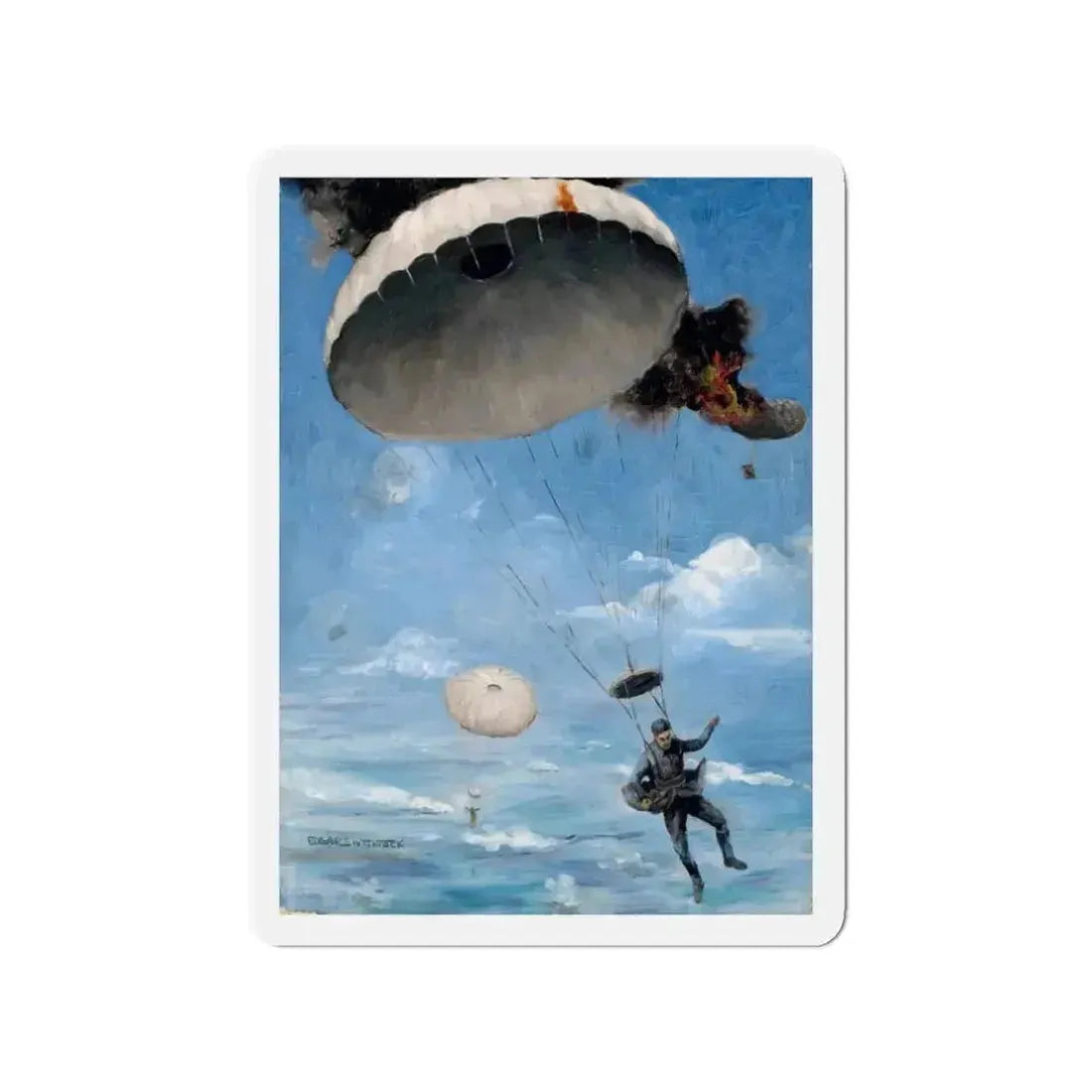 Parachuting to Safety, The Saturday Evening Post story illustration (Magazine Illustration) Refrigerator Magnet 3 Inch Die-Cut - The Sticker Space