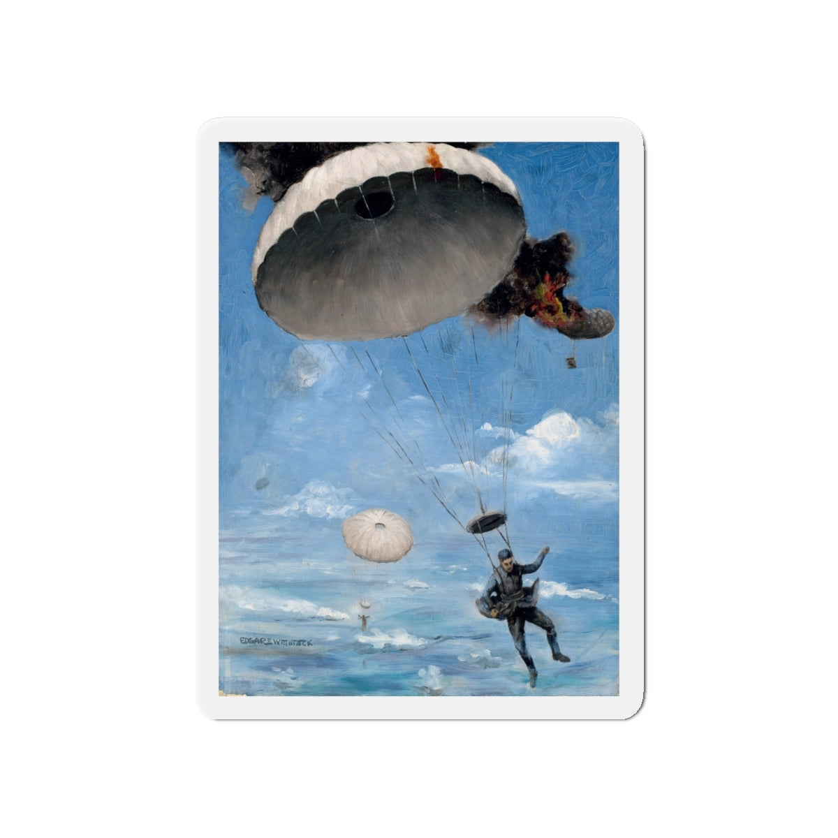 Parachuting to Safety, The Saturday Evening Post story illustration (Magazine Illustration) Refrigerator Magnet-4" x 4"-The Sticker Space