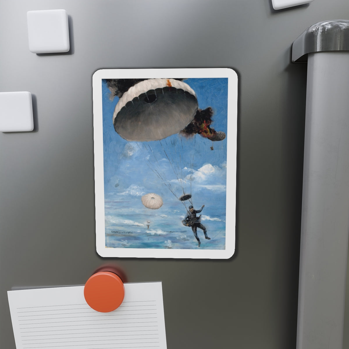 Parachuting to Safety, The Saturday Evening Post story illustration (Magazine Illustration) Refrigerator Magnet-The Sticker Space