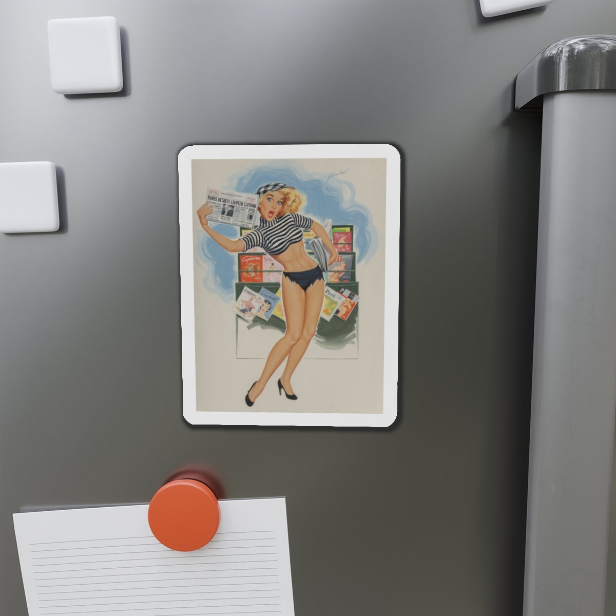 Paris Decrees Lighter Clothing!, Brown & Bigelow calendar illustration, 1964 (Magazine Illustration) Refrigerator Magnet-The Sticker Space