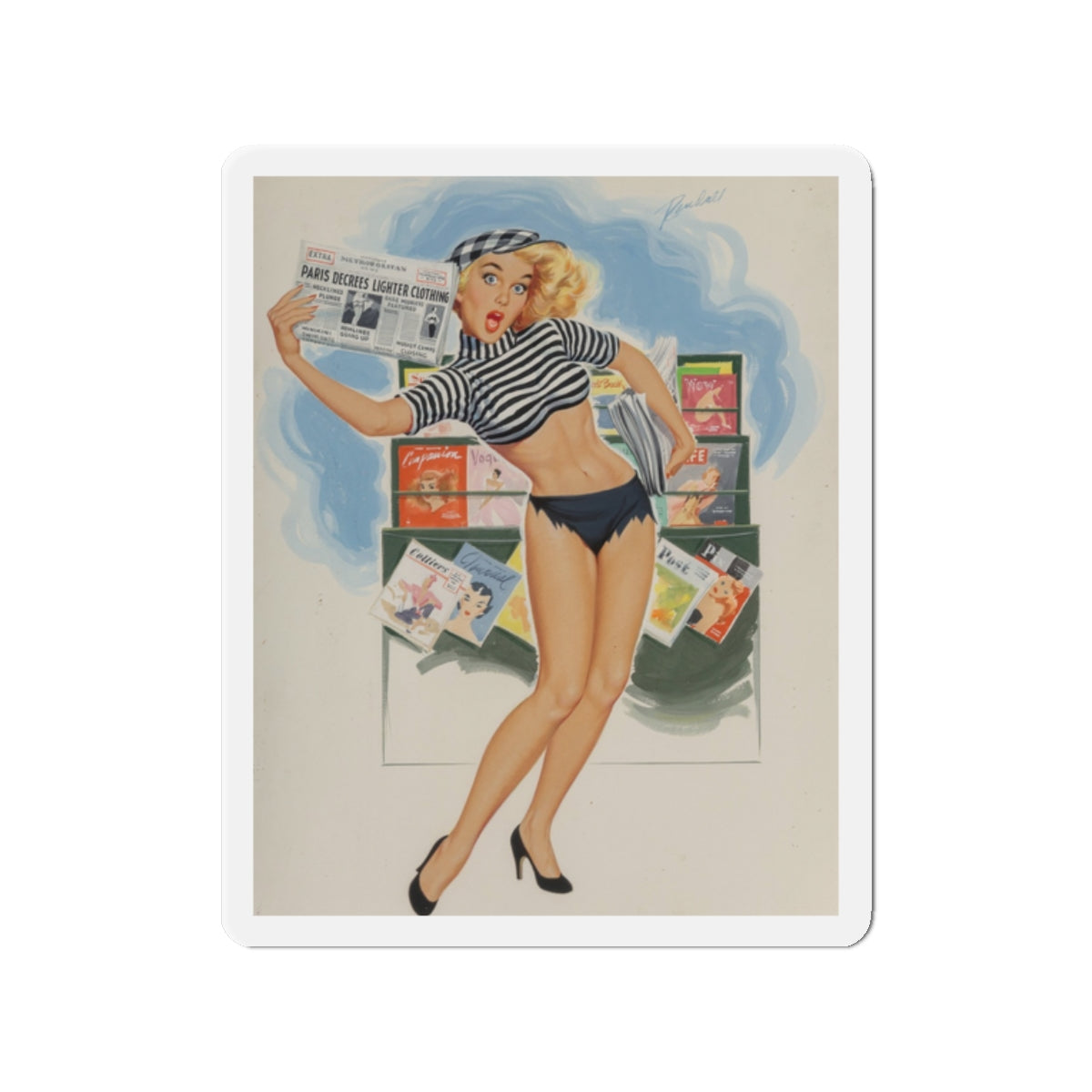 Paris Decrees Lighter Clothing!, Brown & Bigelow calendar illustration, 1964 (Magazine Illustration) Refrigerator Magnet-2" x 2"-The Sticker Space