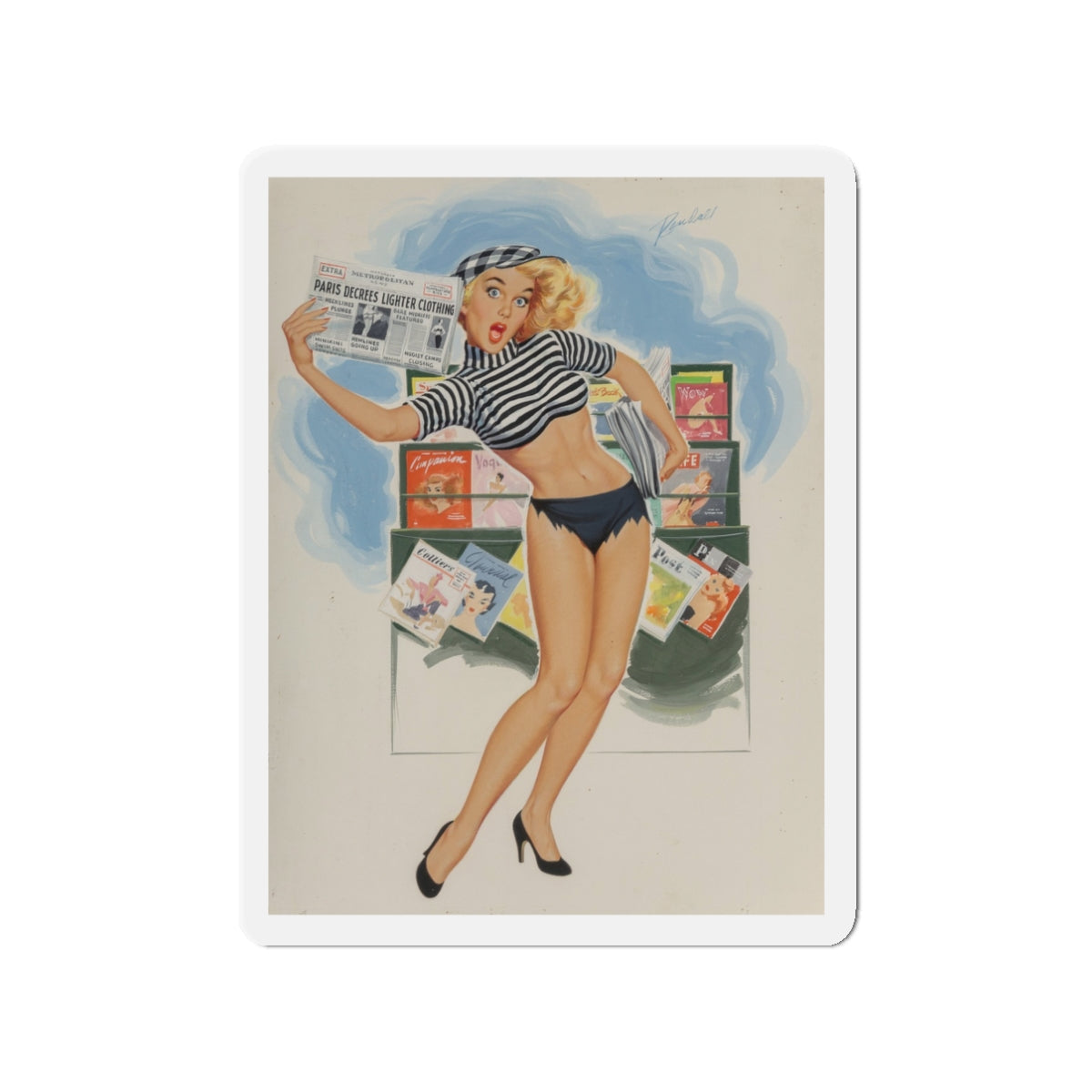 Paris Decrees Lighter Clothing!, Brown & Bigelow calendar illustration, 1964 (Magazine Illustration) Refrigerator Magnet-3" x 3"-The Sticker Space